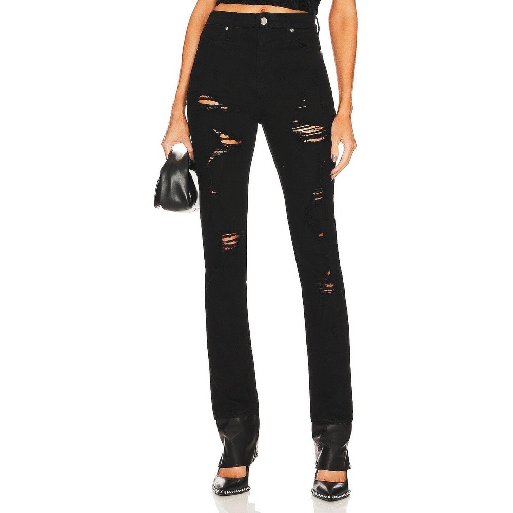 RtA Rivka Ripped Leather Cuff Skinny Jeans Black Distressed 26 NWT